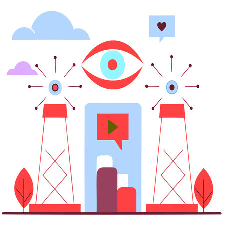 Communication towers connect to data charts and an eye symbolizing surveillance or monitoring of information flow in a modern abstract illustration representing digital networks anのイラスト素材