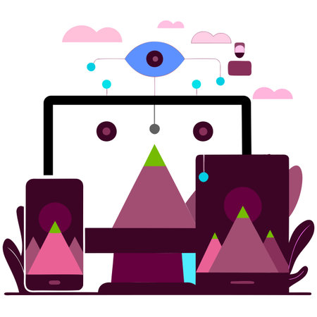 Abstract illustration shows connected devices including a monitor tablet and phone linked to a central eye representing data visualization and network communication in a modern digのイラスト素材