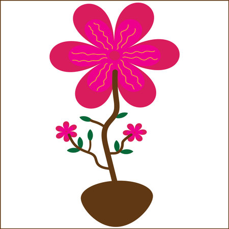 Flower in a pot features a stylized pink blossom with smaller blooms and green leaves sprouting from a brown pot creating a simple yet cheerful botanical illustration.のイラスト素材