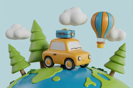 Cartoon car with suitcase sits atop a globe surrounded by trees and a hot air balloon representing travel adventure and exploration of the world for vacation.の素材