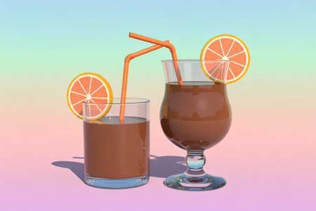 Drink features two glasses filled with a rich chocolate beverage adorned with orange slices and straws set against a soft pastel backdrop evoking a refreshing tropical vibe perfectの素材