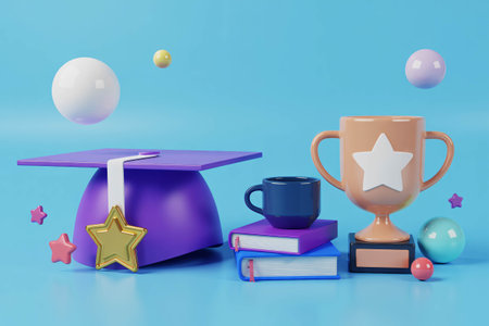 Graduation cap and trophy sit among books and spheres symbolizing academic success and educational achievement representing the culmination of hard work and dedication towards aの素材