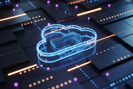 Cloud computing icon glows brightly on a dark circuit board representing modern technology data storage and online networks offering a futuristic abstract design suitable forの素材