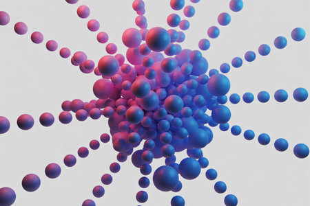 Spheres connected by lines create an abstract network visualization rendered in blue and pink gradients suggesting complex systems data connections and futuristic technologyの素材