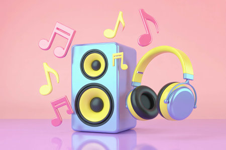 Speaker and headphones are displayed with floating musical notes against a pink backdrop creating a vibrant and playful scene perfect for illustrating music production or audioの素材