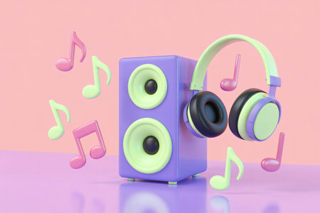 Speaker headphones and music notes are displayed in a playful 3D render against a pink background creating a fun vibrant and modern image perfect for music related content.の素材