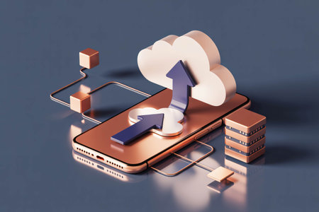 Cloud computing data transfer concept shows a smartphone with arrows pointing to a cloud and server representing online data storage and digital network solutions.の素材