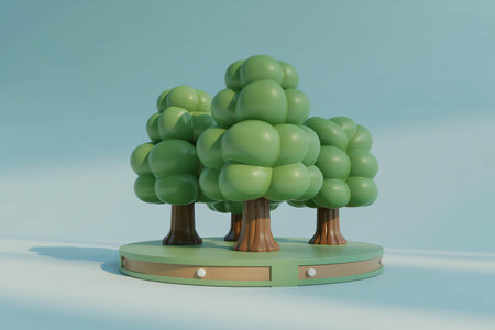 Cartoon trees stand on a circular platform with a light blue backdrop creating a whimsical and peaceful scene perfect for children's illustrations or environmental designsの素材