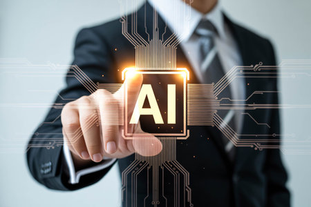 Businessman presses a glowing AI interface symbolizing artificial intelligence future technology innovation and digital transformation in business representing the power ofの素材