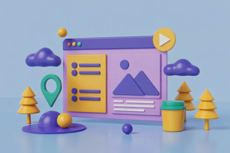 Stylized website interface displays a location pin trees and clouds against a soft blue background representing travel planning digital navigation and a modern minimal designの素材