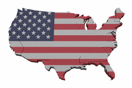 United states map is filled with the  flag design showing patriotism and national pride representing the country's geography and political borders on a clean white background.の素材