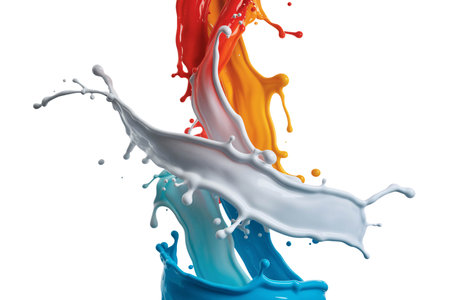 Paint splashes of red yellow blue and white collide mid-air creating a dynamic abstract design against a white background showcasing vibrant colors and fluid motion perfect for artの素材