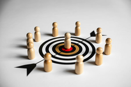 Wooden figures surround a target with one figure in the center symbolizing teamwork focused on achieving goals and business success through strategic planning and focusedの素材