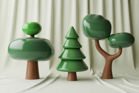 Three stylized cartoon trees stand against a draped fabric backdrop creating a whimsical scene with bright green tones and smooth wooden textures suggesting a playful and modern deの素材