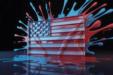 American flag is depicted with dynamic red and blue paint splashes against a dark background symbolizing a vibrant and artistic representation of national pride and culturalの素材