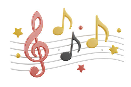 Musical notes float with stars on white background representing melody harmony and rhythm creating a cheerful artistic design perfect for music education materials or creativeの素材