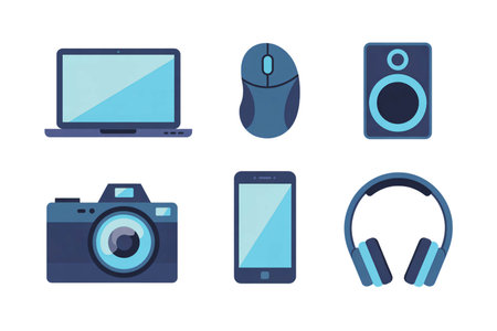 Technology devices including laptop, mouse, speaker, camera, smartphone and headphones are displayed in a flat lay illustration against a white backdrop representing modern digitalの素材
