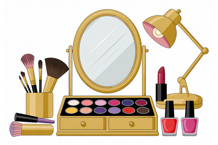 Vanity table displays makeup mirror brushes cosmetics and a lamp providing a stylish illustration of beauty accessories for a glamourous lifestyle.の素材