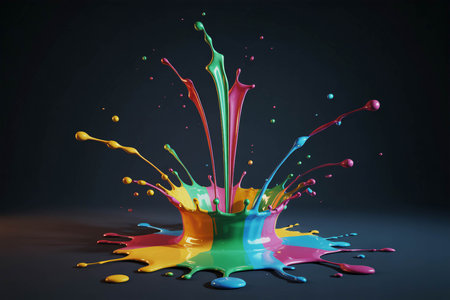 Paint splash displays a vibrant rainbow of colors exploding outwards in a dynamic display of fluid motion creating an abstract artistic image perfect for backgrounds or creative deの素材