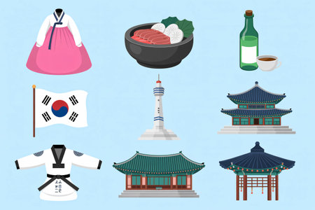 Assortment of distinct south  cultural elements including traditional clothing architecture food martial arts and national symbols presented in a clean flat vector style perfectの素材