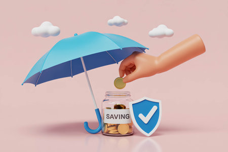 Stylized 3d rendering illustrates financial security where a hand deposits gold coins into a jar labeled saving beneath a protective umbrella next to a blue shield symbolizing guarの素材