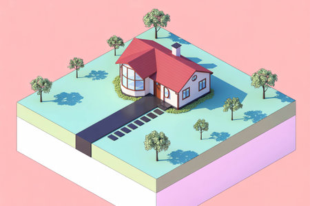 Isometric cross section illustrates a charming suburban house resting on a colorful layered plot of land surrounded by small trees and bright green grass suggesting real estateの素材