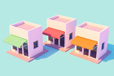 Three charming low poly storefront buildings with distinct colored awnings sit isolated against a vibrant pastel blue surface suggesting a cheerful small business district orの素材