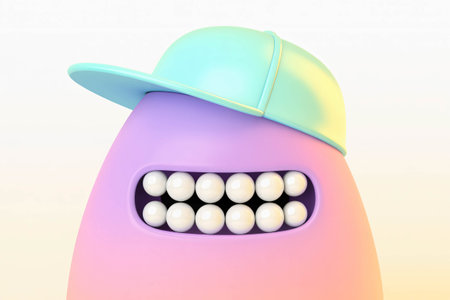 Playful 3d rendered monster character featuring vibrant purple skin, a bright teal cap worn backwards, and a wide grin showcasing perfectly aligned white teeth against a softの素材