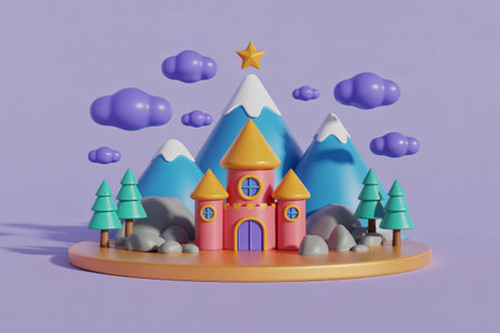 Adorable 3d rendered miniature castle sits on a golden platform surrounded by stylized blue mountains green pine trees and floating purple clouds creating a cheerful fantasyの素材