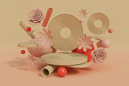 Abstract 3d composition features floating geometric podiums, soft pink flowers, and smooth spheres in a warm pastel palette ideal for beauty product presentation or delicate brandiの素材