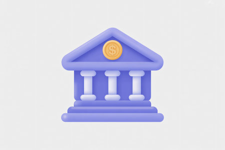 Stylized 3d bank building icon rendered in soft purple tones features classical columns and a prominent golden dollar coin signifying financial services security and digital investの素材
