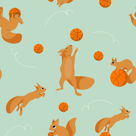 Cartoon set, seamless pattern with playful squirrels plaing in basketball vectorのイラスト素材