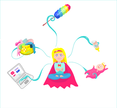 Super Mom - mother with baby, working, , cleaning washing and make a feedingのイラスト素材