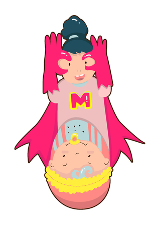 Super Mom. Superhero mother carrying a baby. Vector illustrationのイラスト素材
