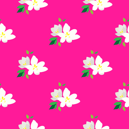 Seamless pattern with blossoming branches of cherry. White flowers and buds on a pink background. Spring floral background. Vectorのイラスト素材