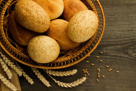 Bakery products on a wooden surfaceの写真素材