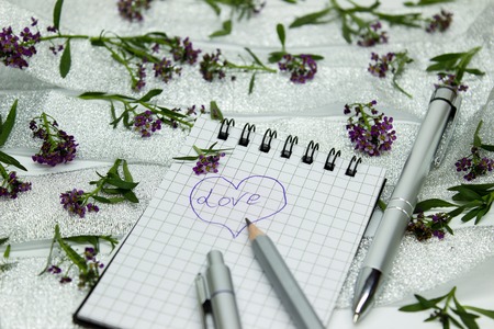 a notebook and gray pens on small purple flowers and a silver ribbonの写真素材