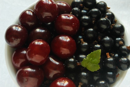berries of currant and cherries on a white plate and white tablecloth. view from above. close-up
