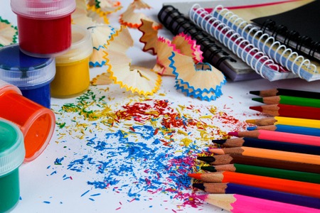 School and office supplies on a white background. creation. side view. close-up