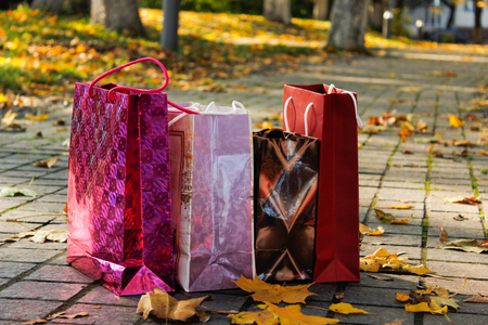 Shopping. Colorful paper bags in a park, among yellow leaves. Side viewの写真素材