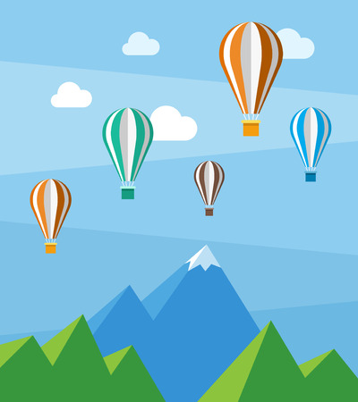 Vector flat nature scene with mountains and air balloonsのイラスト素材