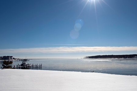 Winter snow covered shoreの写真素材