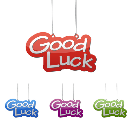 Set vector illustrations isolated tag banner good luck in four color variant red, blue, purple and green. This element is wel adapted for web design.のイラスト素材