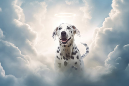 Dalmatian dog sitting on cloud with halo in sky. dog heavenの素材