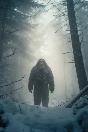 Mysterious man standing in the winter forest. Scary foggy landscape.の素材