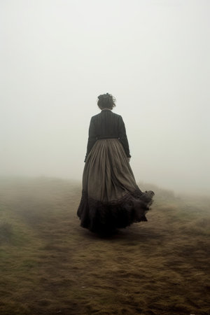Rear view of a woman in a long dress in the fog. vintage retro. regency, victorian, edwardian, georgian.の素材