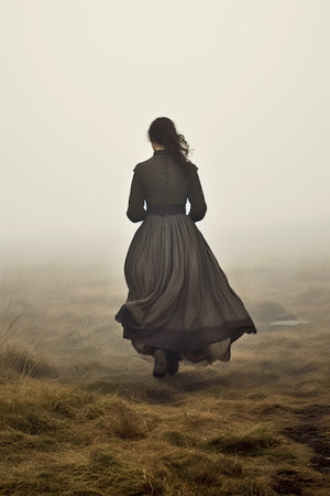 Young woman in long black dress walking on a foggy meadowの素材
