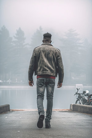 Back view of a man in jeans and a jacket walking along the embankment in the fog. handsome african american man.の素材