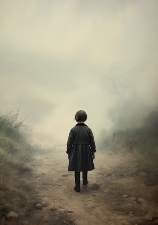 Rear view of a young woman girl child walking alone in a foggy landscape. vintage retro. regency, victorian, edwardian, georgian.の素材