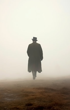 A man in a coat and hat walks through the foggy field. vintage retro. regency, victorian, edwardian, georgian.の素材